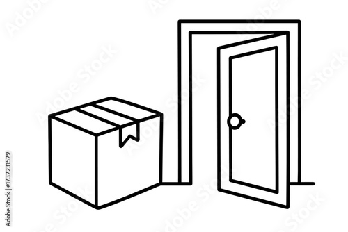 Package delivery box at open door, shipping parcel, home doorstep, receiving goods, mail, contactless delivery service, ecommerce logistics, safe order, entrance, modern vector illustration