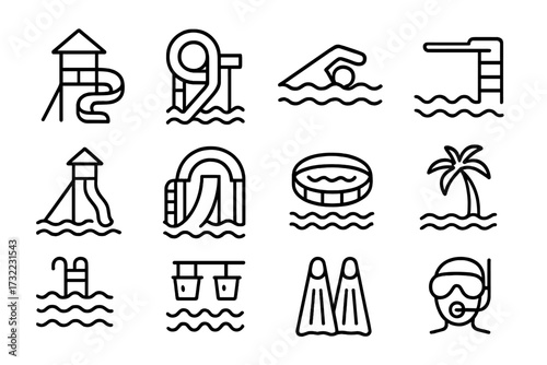 Water park thin line icon set. Summer vacation, swimming pool and beach activity outline signs. Aqua park slide, diver, palm tree, flippers for web design, apps, pictograms.