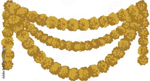 Three garlands of stylized, linked, golden flowers on white