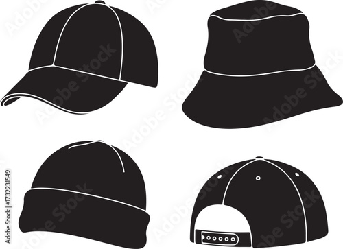Black headwear collection baseball cap bucket hat