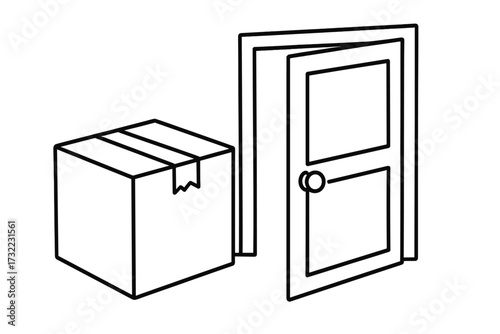 Parcel delivery at home front door. Line art vector illustration of cardboard box and open doorway for shipping, moving, logistics, courier, home delivery, contactless, relocation, ecommerce concept.