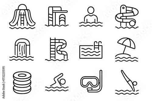 Water park thin line icon set. Aquapark, swimming pool, summer vacation signs. Waterslide, diving board, swimmer, beach umbrella, float tube, snorkel vector pictograms for web.