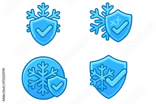 Frost protection icon set. Cold resistant approved symbol. Winter proof certified sign. Vector shield with snowflake and check mark for weather tested guarantee quality mark.