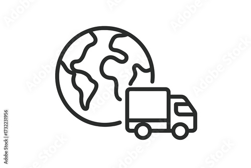 Global shipping outline icon, delivery truck and planet earth minimal vector illustration for worldwide logistics, international transport, web, app, banner, ecommerce, export, import, fast service