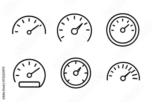 Speedometer line icon set. Gauge, tachometer signs collection. Speed, performance, and level measurement concept. Thin outline vector symbols for car dashboard, UI, UX, app.