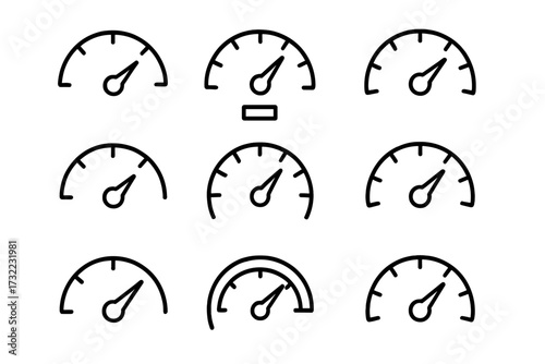 Speedometer line icon bundle. Outline gauge signs for graphic and web design. Tachometer performance indicator symbol set. Vector dashboard illustration for apps and adverts.
