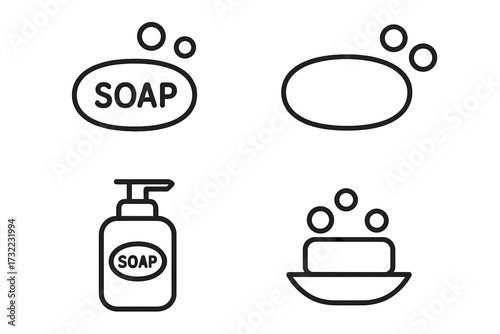 Minimalistic car pointer icon set. Outline vector soap bar with bubbles, liquid dispenser, cartoon illustration for web design, app UI, banners, social networks, cards. Transparent background.