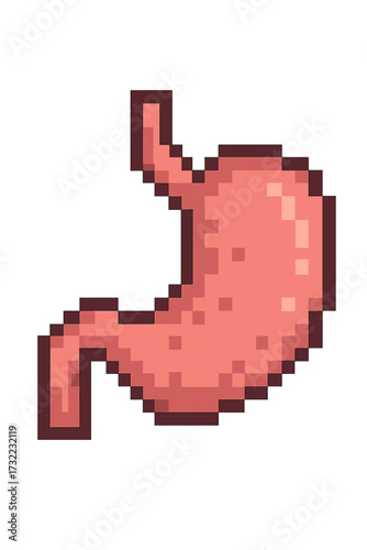 Stomach icon in pixel art style. Vector cartoon of a human organ for medical or health themes. Gastric system symbol for digestion and anatomy concepts. Retro 8-bit game graphic.