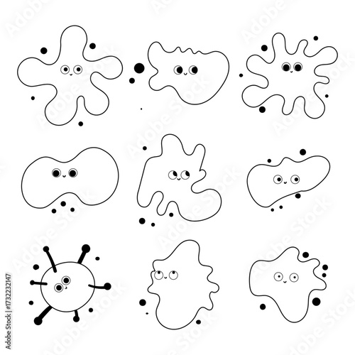 Cute Microbe and Viruses  Outline Set, Hand-drawn Illustrations 