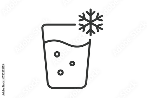 Cold drink icon. Glass of sparkling water with snowflake symbol. Chilled soda beverage pictogram. Iced refreshment linear graphic. Cool carbonated mineral water concept vector.