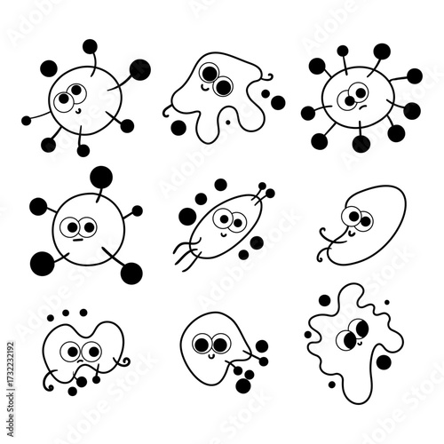 Funny Microbes Vector Set, Cute Bacteria and Virus Icons 