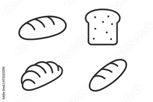 Minimalist line icons bread loaf, sliced bread, artisan loaf, baguette vector set. Cartoon outline illustration for bakery, food, menu, web app, graphic design, banners, social media, cards, recipe