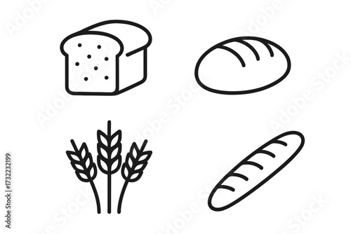 Minimalist bread line icons set. Linear wheat, rye, sliced loaf, bakery product illustrations. Simple outline bread pictograms. Food, baking, farming, grain harvest graphic for web banners apps cards