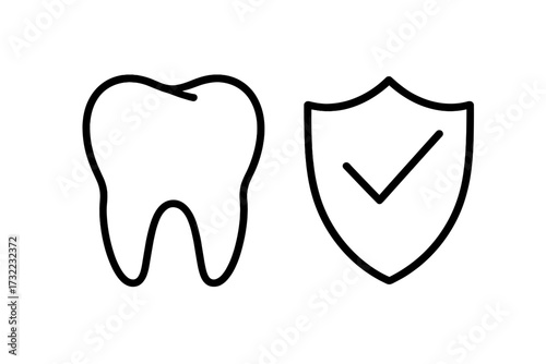 Tooth icon and shield check mark symbol for dental protection, oral healthcare, dental insurance, cavity prevention, dentist clinic, mouth safety, hygiene guarantee, isolated vector illustration
