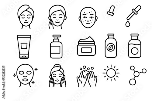Minimalist skin care routine line icon pack for cosmetic brands, facial treatment, cleansing, moisturizing, serum application, sun protection, organic products, and wellness banners