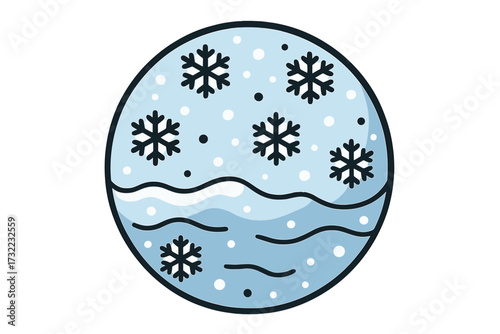 Winter planet icon with snowflakes, cartoon vector illustration, frozen world, icy sphere, blue globe, snowfall weather symbol, seasonal decor, transparent background, web, apps, cards, books