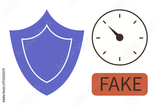 Protective shield, clock indicating urgency, and fake sign emphasize security, fraud prevention, and time sensitivity. Ideal for safety, trust, caution, urgency fraud detection reliability simple