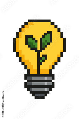 Green energy idea pixel art icon. Lightbulb with plant sprout symbol. Eco friendly innovation concept. Sustainable power, growth and nature conservation vector illustration. 8-bit retro gaming style.