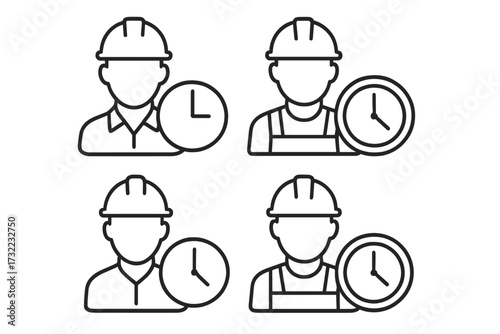 Worker time management icon set. Construction employee schedule and deadline concept. Work hours, labor time, and project clock symbols. Simple linear vector illustration.