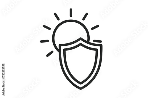 Sun protection safety shield icon line art. UV defense, sunblock, sunscreen, solar rays, health safety security. Vector illustration for web, design, books, cards, article backgrounds, branding.