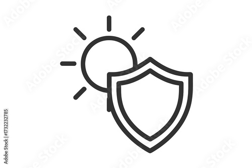Sun and Shield Vector Icon Symbolizing UV Protection, Sun Safety, Sunblock, Skin Care, Weather, Security, Minimalist Outline for Graphic Design, Web Use, Print, Stock Illustration