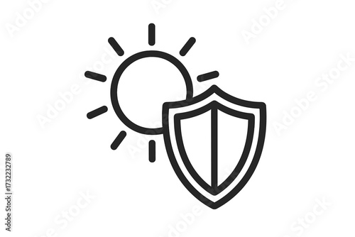 Sun protection shield line icon, UV safety concept, sunlight defense symbol, sunscreen and skin care graphic, vector illustration for web, medical, cosmetic, product packaging design