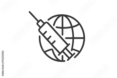 Global Vaccination Concept Minimalistic Thin Line Icon, Syringe and Globe Illustration for Immunization Campaigns, Healthcare Awareness, Medical Web, Apps, Banners, Social Media, Vector Graphic