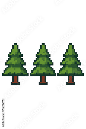 Pixel art tree set. 8 bit video game sprites of green fir or pine trees. Retro gaming style nature and forest elements. Icon collection for classic arcade game design asset.