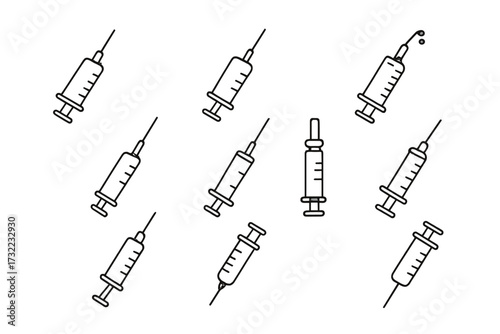 Medical syringe outline icon collection. Minimalistic linear syringe vector set for web, app, banner, health infographic, vaccine, hospital, injection, immunization, drug, treatment illustration.
