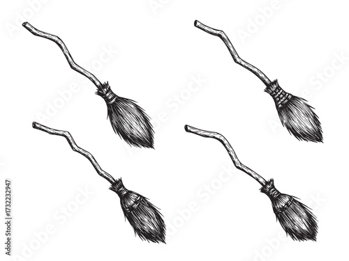 Witch Broom Vintage Engraved Halloween Object Illustration Isolated Vector