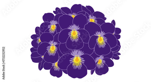 Cluster of purple viola flowers with yellow centers, digitally rendered