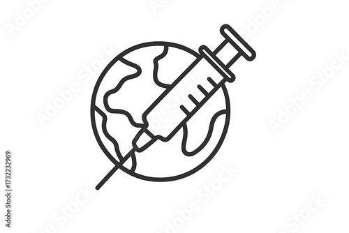 Global vaccination concept icon. Minimalistic syringe and planet Earth outline. Immunization, disease prevention, worldwide health campaign, medicine, pandemic, cure, injection, vector graphic design.