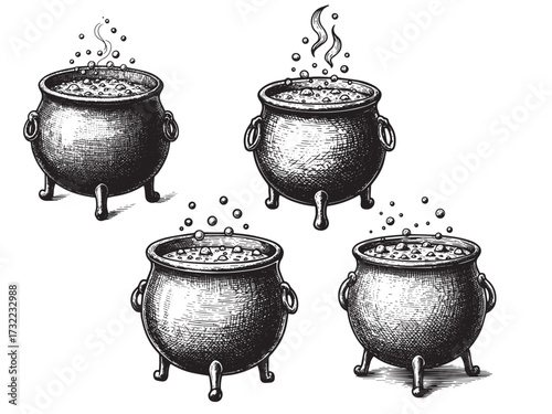 Witch Cauldron Vintage Engraved Spooky Illustration Isolated Vector Artwork