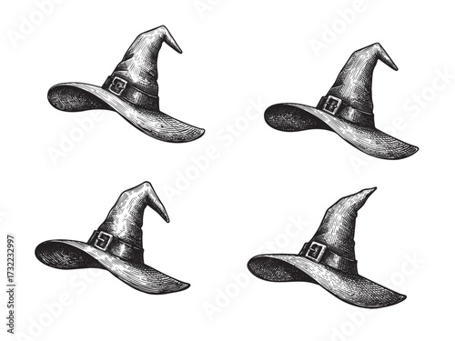 Witch Hat Vintage Engraved Halloween Costume Illustration Isolated Vector