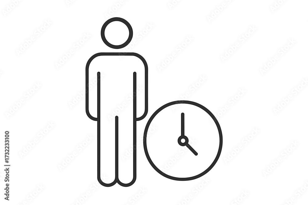 Obraz premium Thin line icon of full body user with clock concept, time management, productivity, deadline, schedule reminder, minimalist vector illustration for apps and graphics