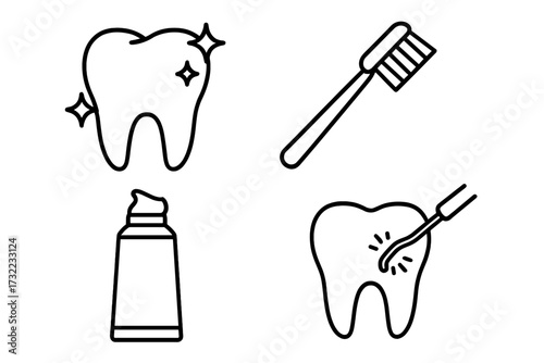 Tooth cleaning outline vector illustration, linear dental hygiene icon set for graphic design, web, apps, advertising, healthcare cards, transparent background, cartoon style