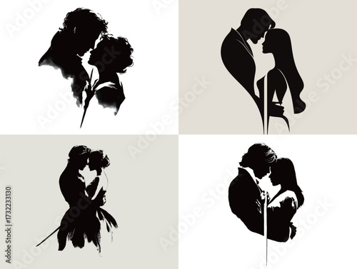 Four artistic silhouettes depict couples sharing intimate moments. These designs capture love through elegant shapes and contrasting colors, evoking deep emotions.