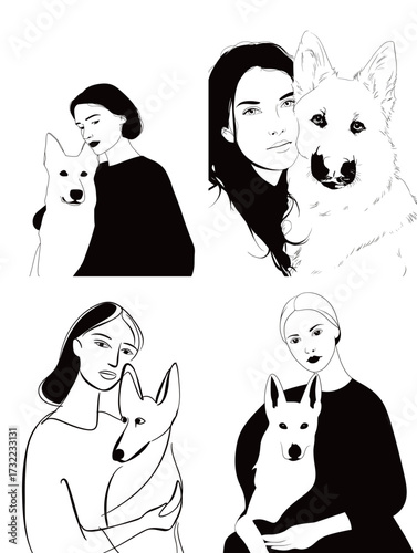 Four artistic representations showcase women interacting with their dogs, capturing emotion and connection through simple line art. Each piece emphasizes the bond between them.