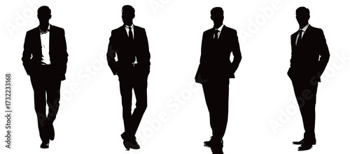 Four men dressed in formal suits stand confidently in a row. Their silhouettes are defined against a light backdrop, conveying a professional atmosphere.