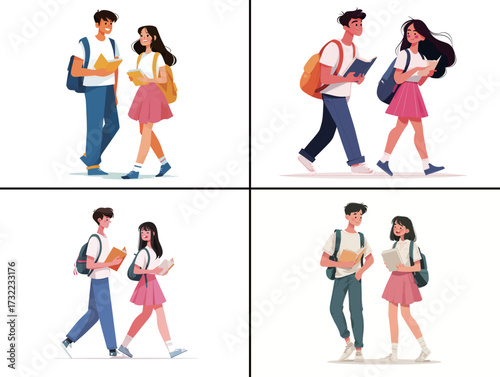 Two pairs of high school students share moments together, walking and reading in a bright, cheerful setting. They are engaged in learning and friendship.