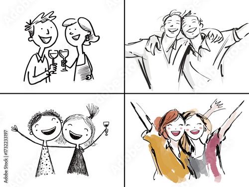 Groups of friends are enjoying happy moments together, raising their glasses in celebration and sharing smiles. The scenes depict laughter, friendship, and fun times.