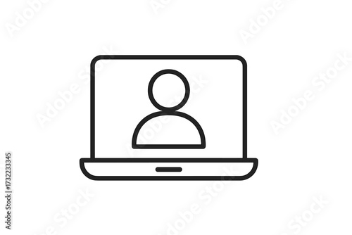 Minimalistic thin outline icon of user on laptop with monitor, vector cartoon illustration for web design, apps, banners, social networks, digital cards, and UI elements