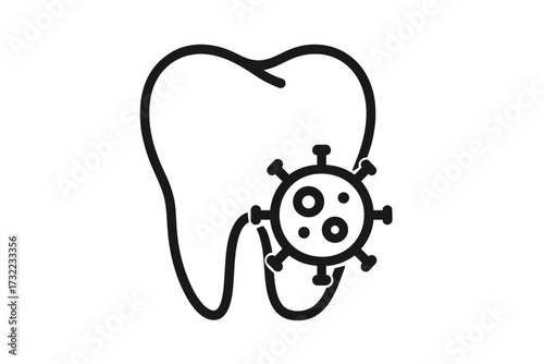 Virus on tooth icon in modern outline style, dental infection concept, germ attack on teeth, oral health design, vector cartoon illustration, transparent background, dental care symbol