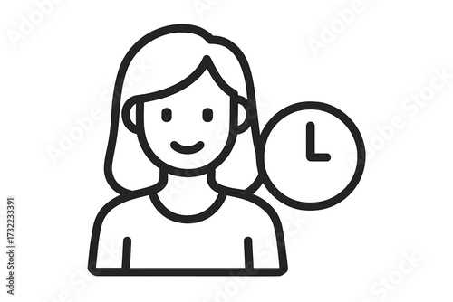 Woman standing by clock outline icon, concept of time management, punctuality, deadline, schedule, business and lifestyle vector cartoon illustration for apps and web design