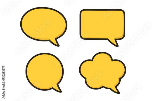 Yellow speech bubble icon flat style, vector cartoon illustration with transparent background, comic chat symbol, communication graphic element, social media dialogue, message balloon design