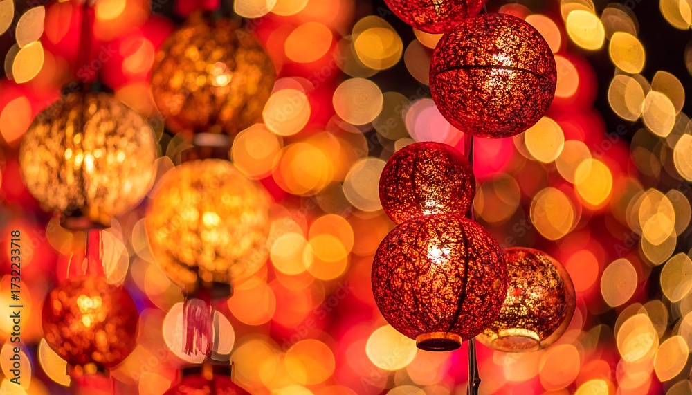 Obraz premium Diwali Celebration 2025, macro shot of illuminated traditional lanterns with bokeh lights in vibrant reds and golds, conveying a festive mood indoors.