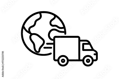 Minimalistic Planet Earth with Delivery Truck Icon, Thin Line Vector Illustration for Web Design, Apps, Banners, Social Media, Business, Logistics, and Shipping Concepts