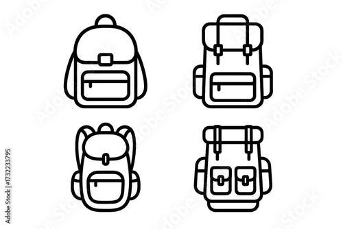 Backpack and rucksack outline icon collection for school, hiking, travel and trekking. Editable stroke vector for infographics, articles, books, flyers, banners, web, education, adventure, camping.