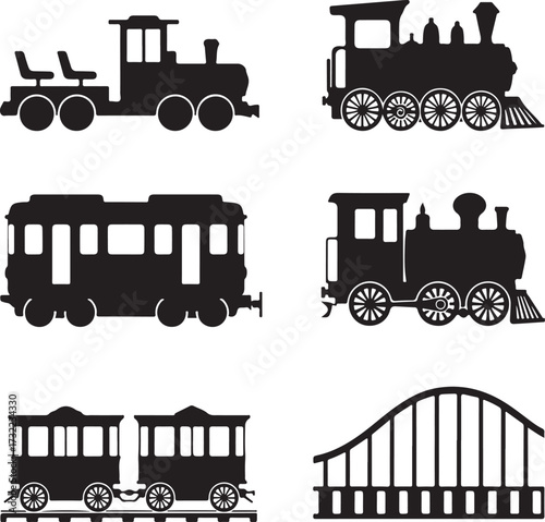Black silhouette icons of trains and roller coaster