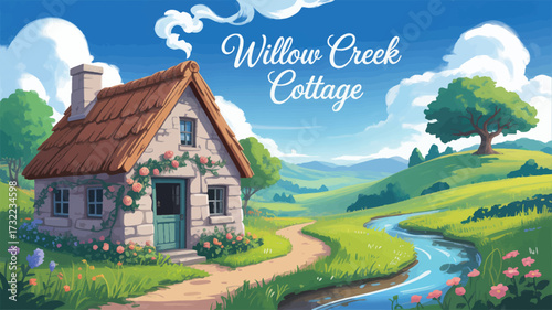  Idyllic countryside scene with Willow Creek Cottage, blooming garden, winding path, flowing creek, and lush hills under blue sky